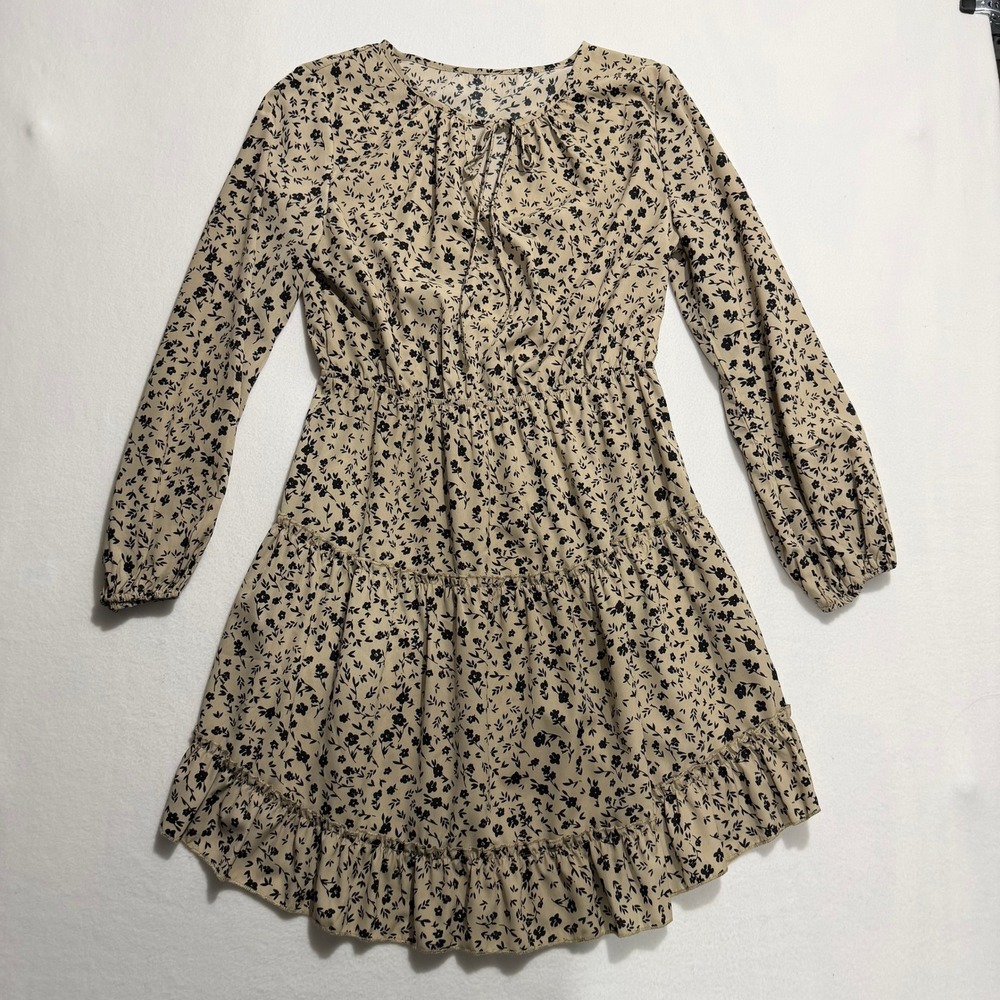 SHEIN Floral Print Dress Beige Black Women's Large